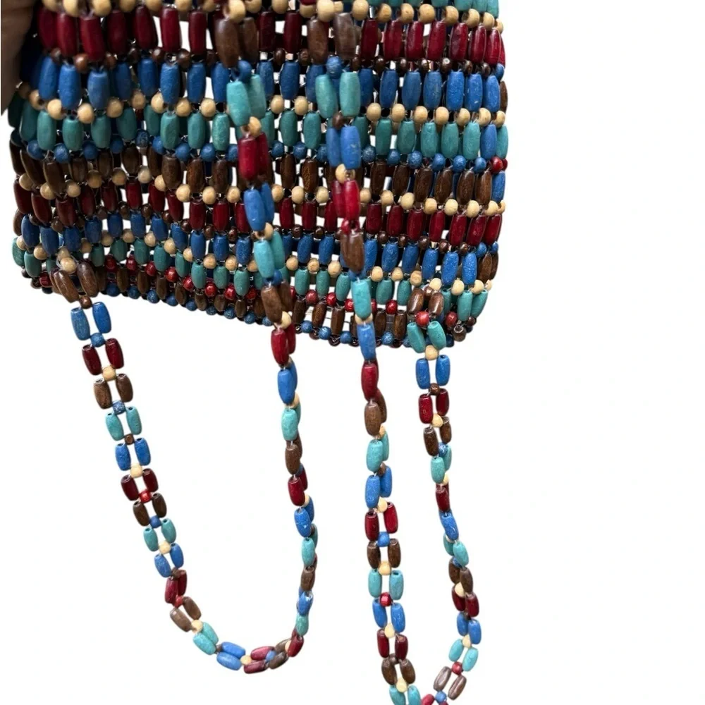 Womens Small Multicolor Beaded Tote Handbag Top Handle Button Closure Boho